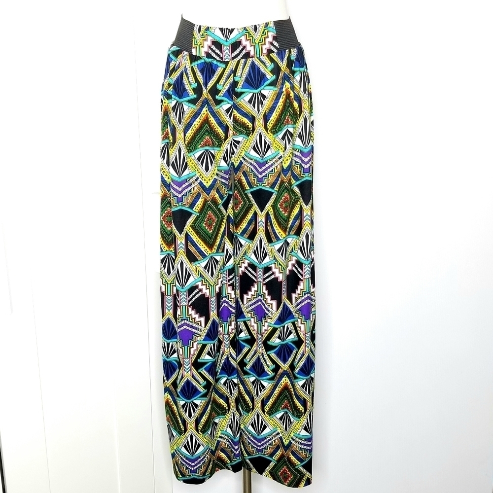 Kimberly C. ONE Size Wide Leg Geometric Design Soft Comfy Boho Palazzo Pants